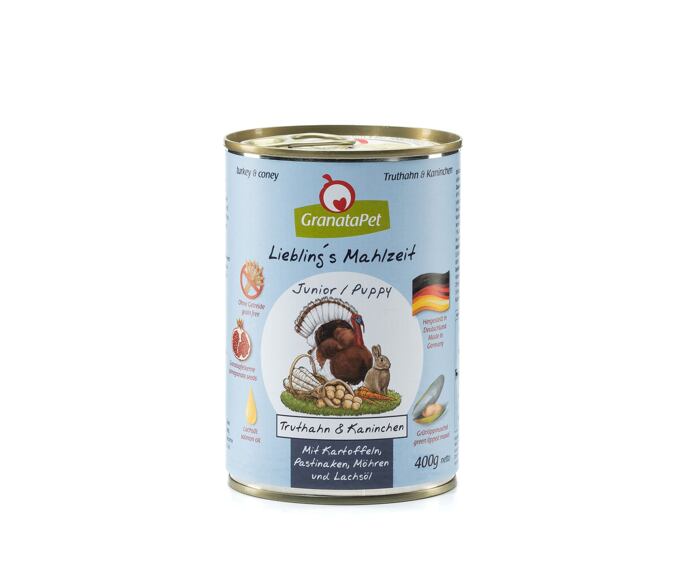 GranataPet Puppy/Junior Krůta & králík s bramborami, pastinákem, mrkví a lososovým olejem